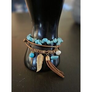 Boho Turquoise Stone Chip‎ Stretch Bracelet and Leather Wrapped Charm Bangle Set
